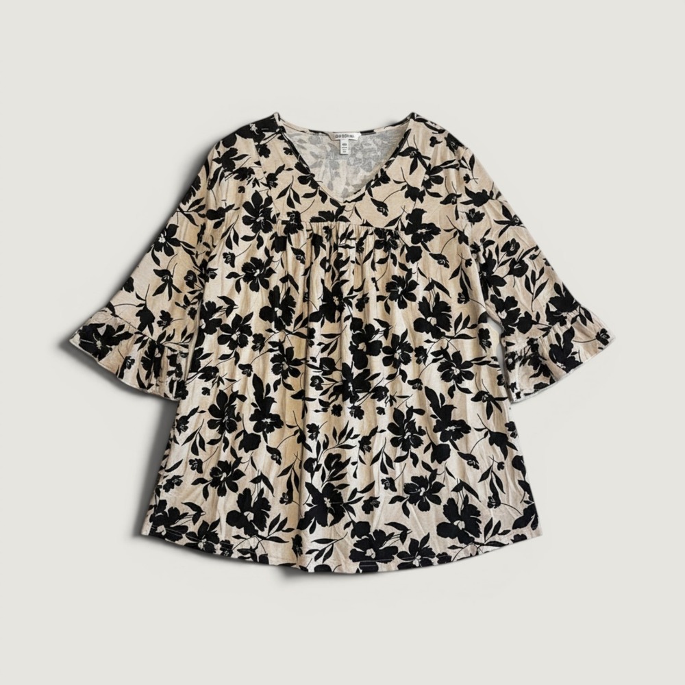 Micoson Blouse Womens 3XL Beige Floral V Neck 3/4 Sleeve Tunic Top Relaxed Fit